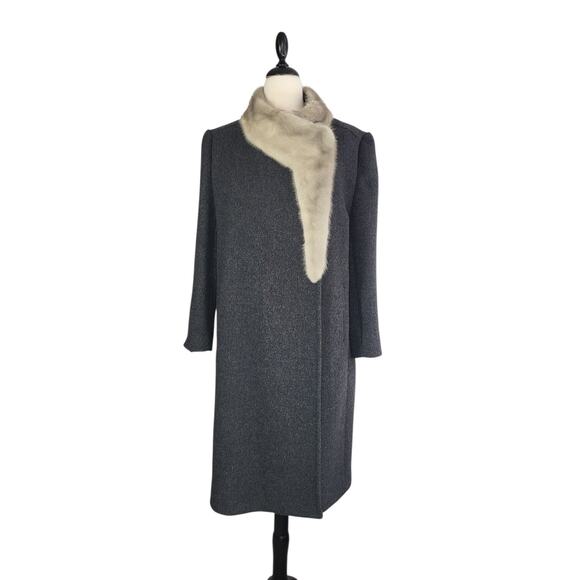 VTG Wool Dress Coat Large Gray Fur Trim Old Hollywood Mob Wife PennyLane Luxury - Picture 1 of 15